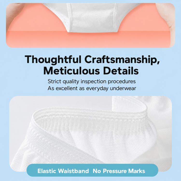 White disposable briefs with elastic waistband, individually wrapped, breathable mesh fabric
