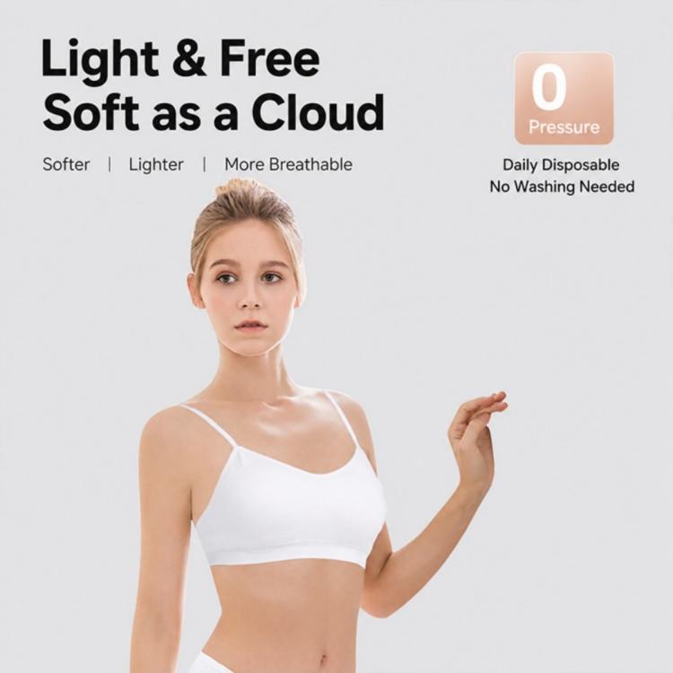 White camisole-style disposable undergarment on model, thin spaghetti straps