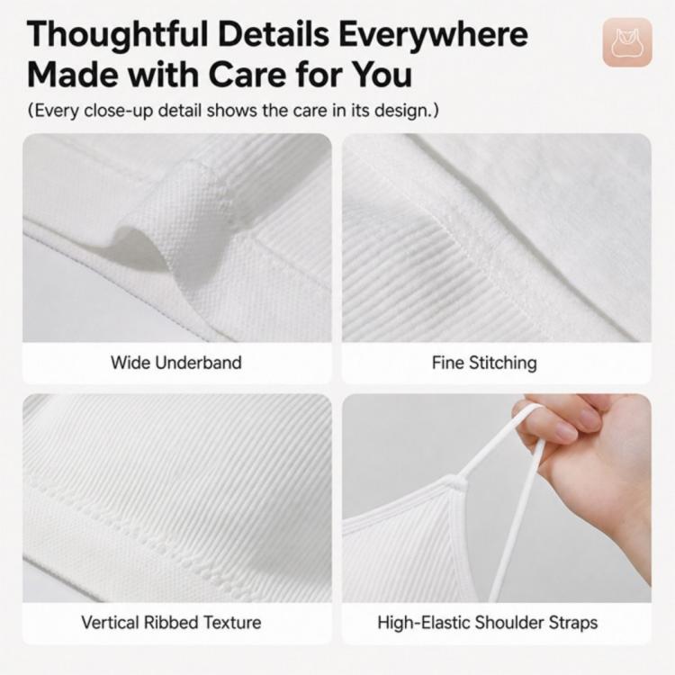 White camisole-style undergarment details: fine stitching, wide underband, elastic straps