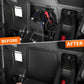 Can-Am Maverick X3 battery cover kit installed inside vehicle, showing before and after
