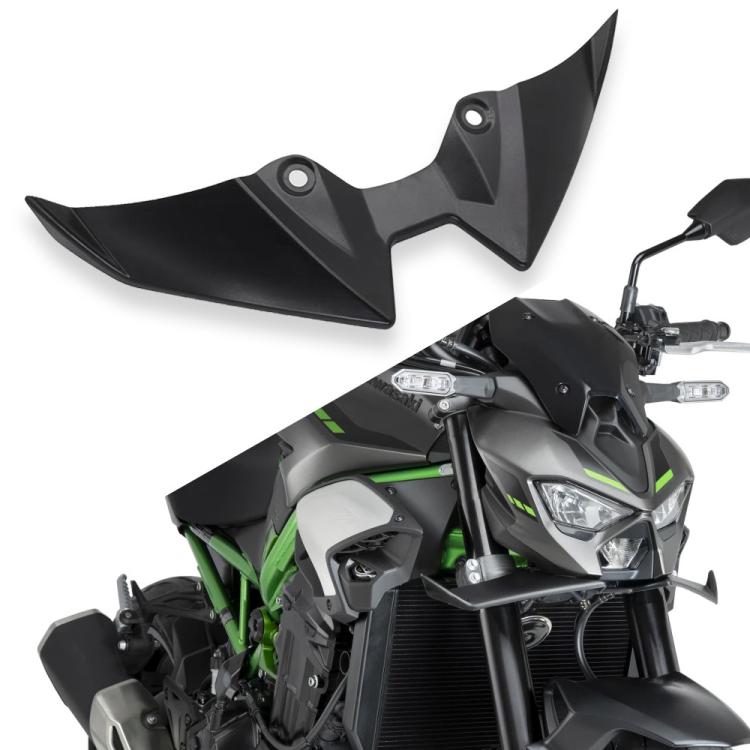 Motorcycle beak winglet kit installed on black sport bike, twin black fins