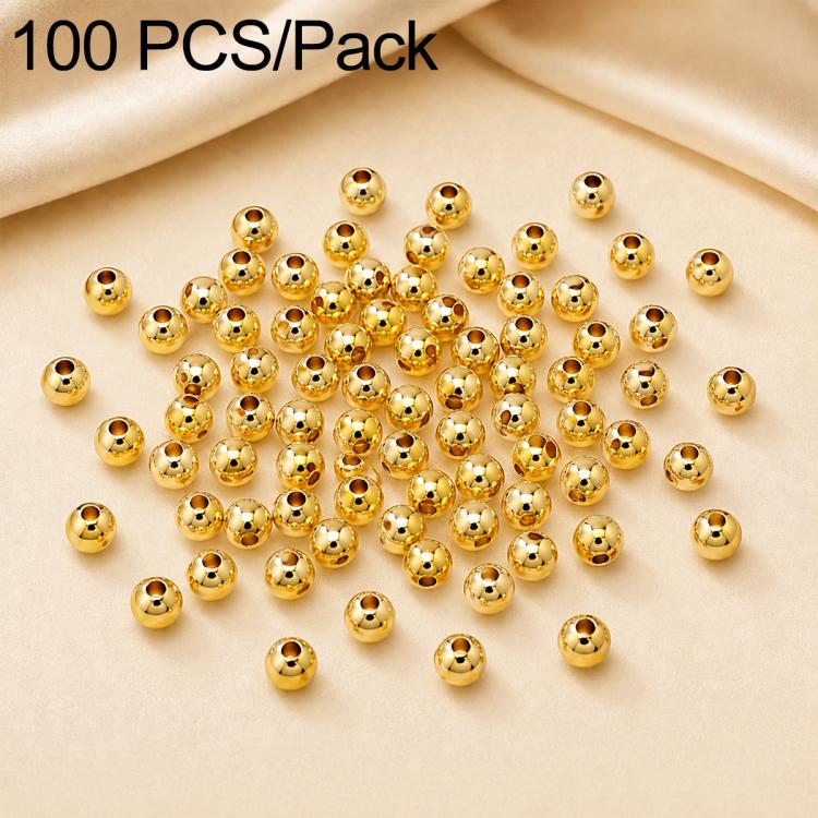 Gold-plated round spacer beads with center holes, smooth finish, 100-piece pack