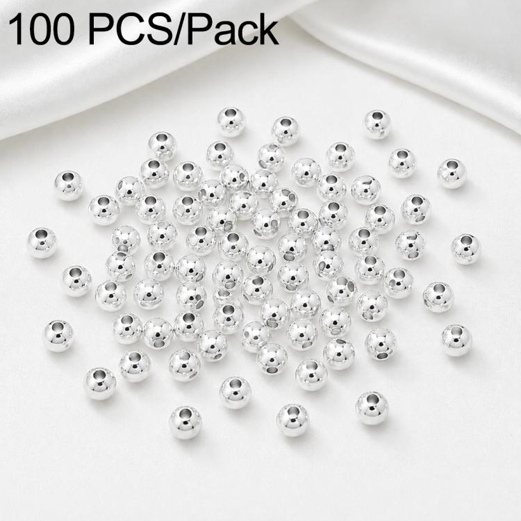 Silver round spacer beads with smooth finish and straight hole; tightly grouped (100 pcs pack)