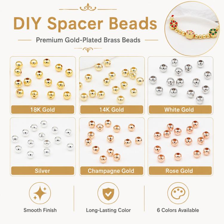 Gold-plated spacer beads color options shown in round center-hole beads