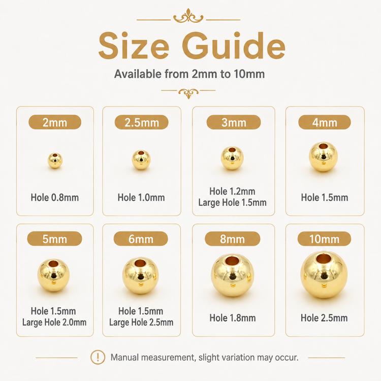 Gold-plated spacer beads size guide with round beads and center hole sizes