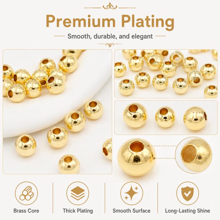 Gold-plated spacer beads with smooth surface, brass core, and reflective finish