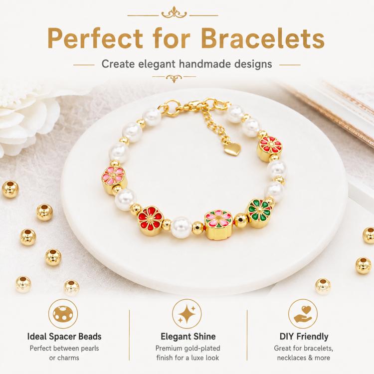 Gold spacer beads bracelet with multicolor flower charms and round center holes