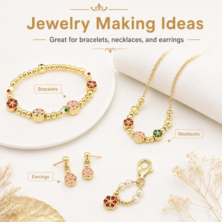 Gold spacer beads jewelry ideas: bracelet and necklace with flower-accent beads