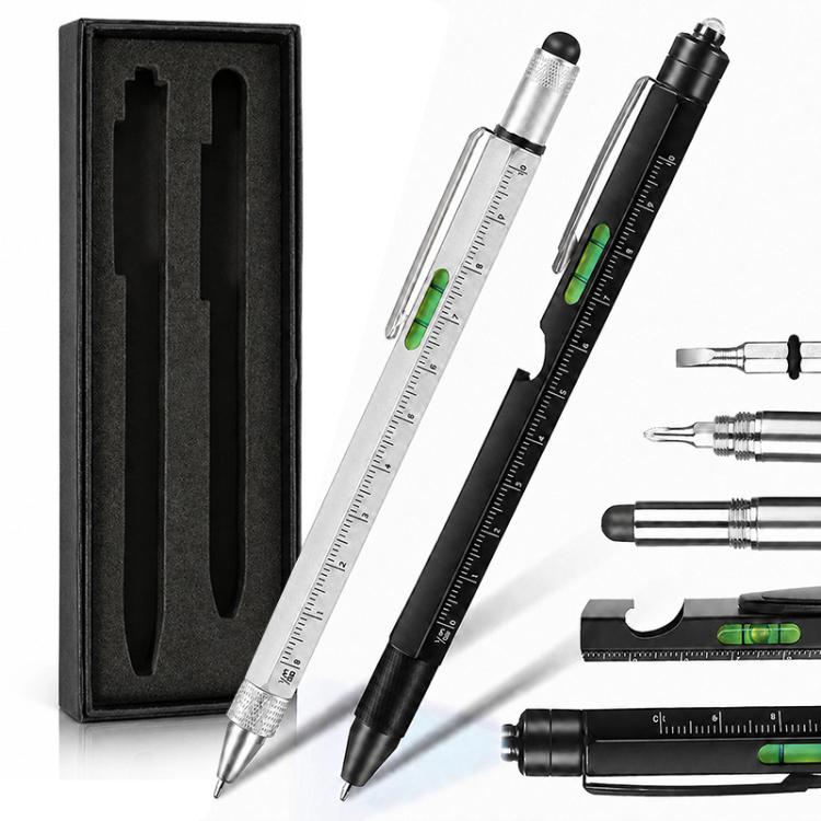 Multifunction metal pen set with stylus and ruler, clear and black pens in gift box.