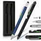 Multifunction metal pen set with stylus and ruler, blue and black pens in gift box.