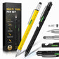 Multifunction metal pen set with built-in tools, yellow and black pens on tool box.