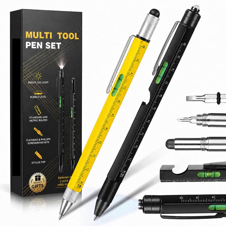 Multifunction metal pen set with built-in tools, yellow and black pens on tool box.