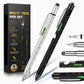 Multifunction metal pen set with built-in tools, clear and black pens on tool box.