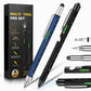 Multifunction metal pen set with built-in tools, blue and black pens on tool box.