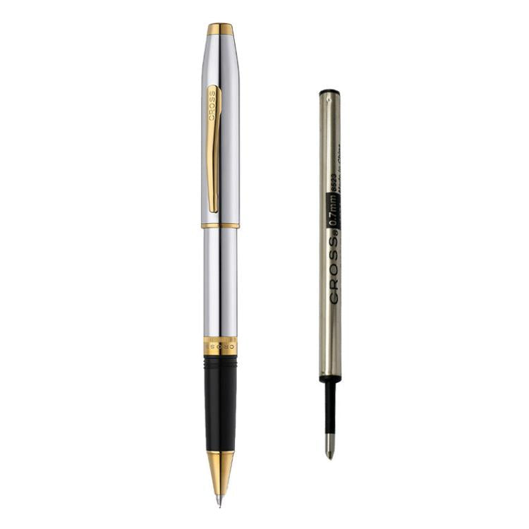 Gold and silver rollerball pen with metal screw cap and black grip, tapered tip.