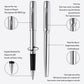 Silver rollerball pen with black grip and metal barrel, capped and showing tip.