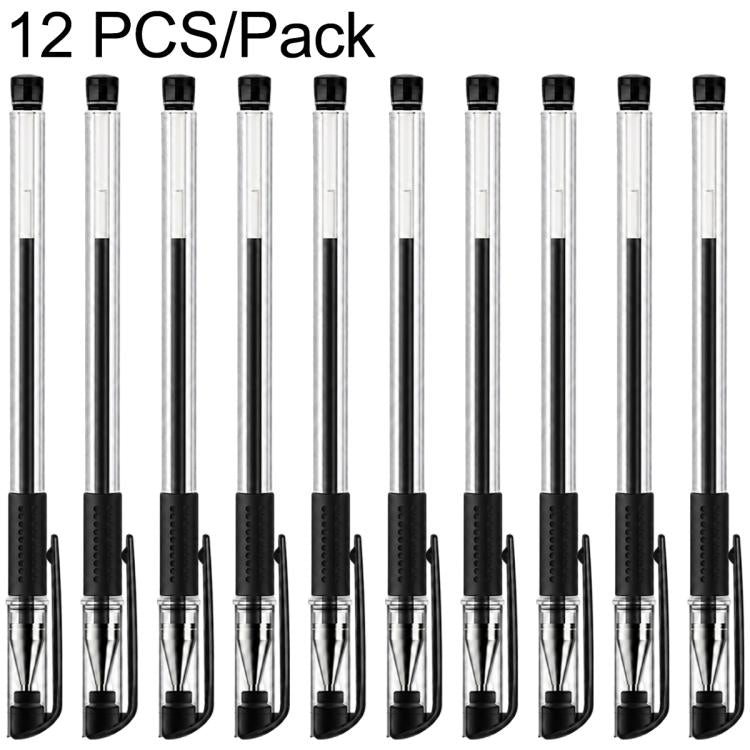 Set of 12 black gel pens with transparent barrels and bullet tips, rubber grip