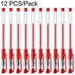 Set of 12 red gel pens with transparent barrels, bullet tips, and rubber grip