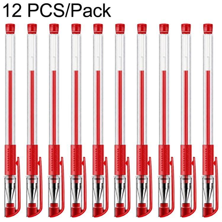 Set of 12 red gel pens with transparent barrels, bullet tips, and rubber grip