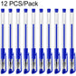 Set of 12 blue gel pens with transparent barrels, bullet tips, and rubber grip