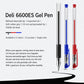 Deli gel pen with transparent barrel, black rubber grip, and bullet tip
