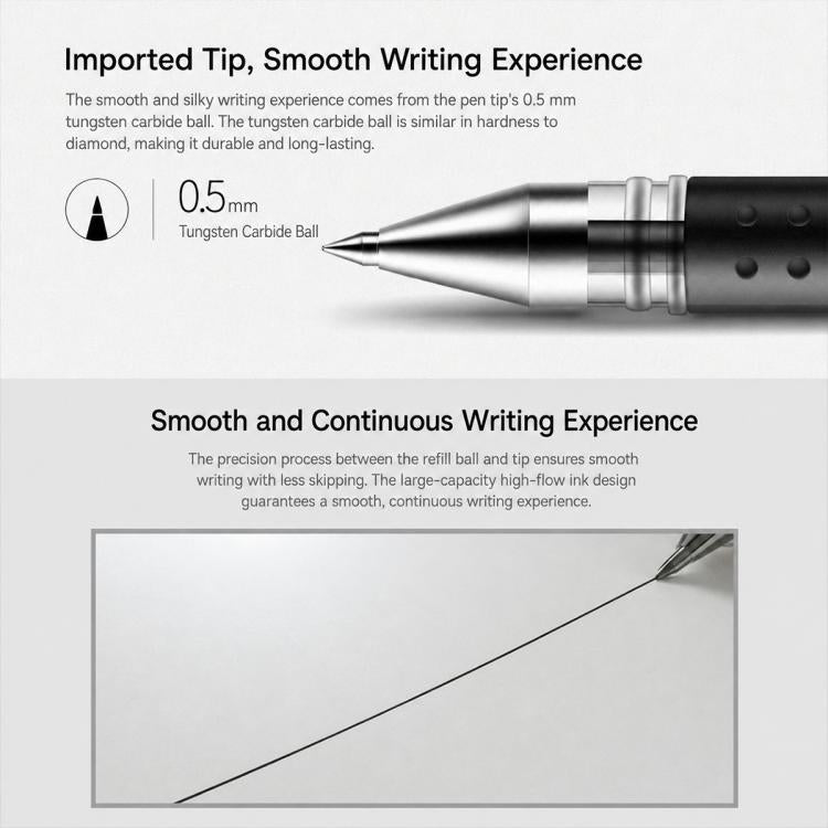 Silver gel pen tip close-up with bullet point and barrel section