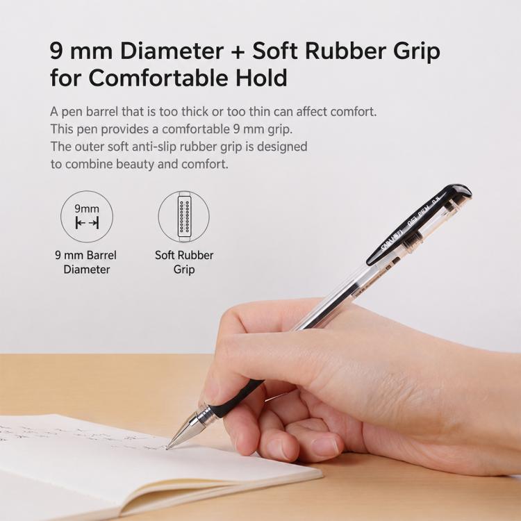 Hand holding a black gel pen with soft rubber grip and bullet tip