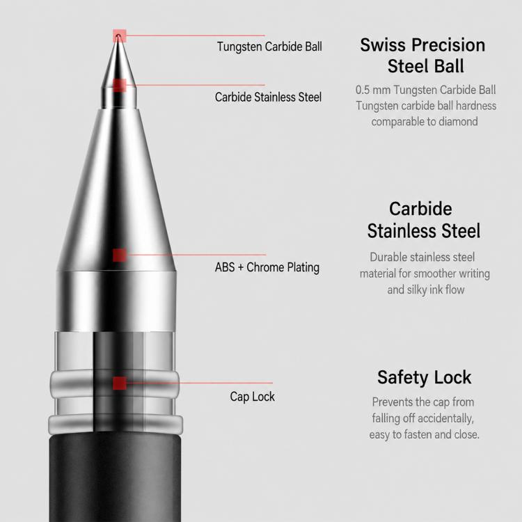 Deli gel pen with safety cap lock and carbide steel ball tip, black barrel