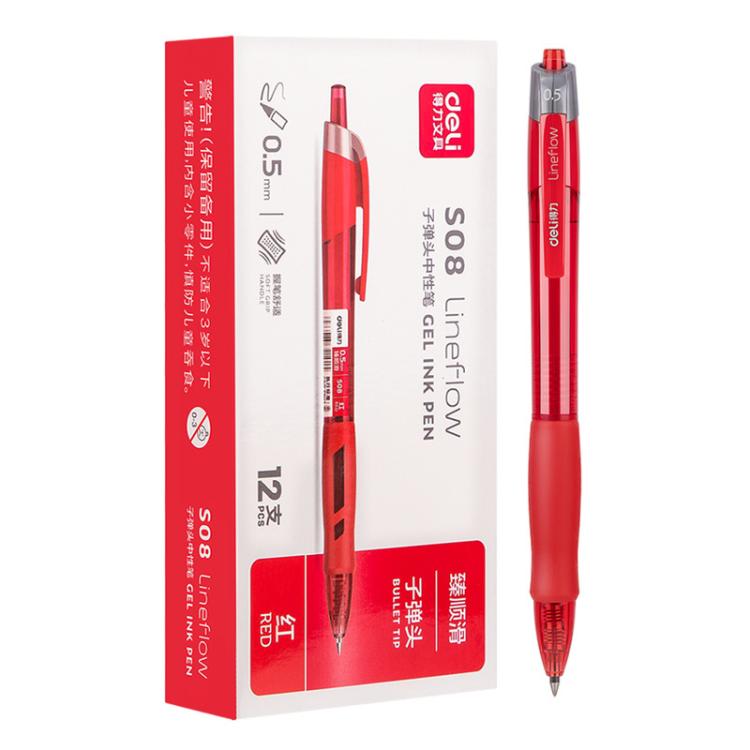Retractable red gel pen with 0.5 mm smooth writing tip and clip