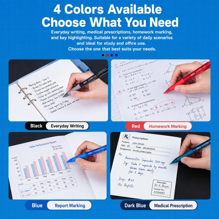 Retractable gel pen set with four colors: black, red, blue, dark blue