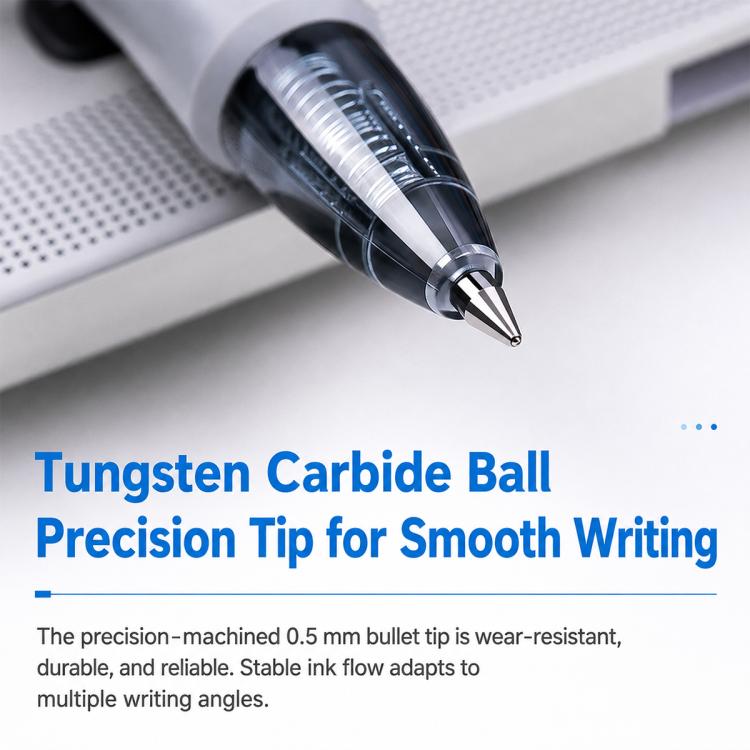 Close-up of retractable gel pen 0.5 mm tungsten carbide ball tip