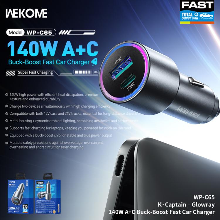 WK WP-C65 K-Captain Glowray 140W USB, Type-C Buck-Boost Fast Car Charger, WP-C65