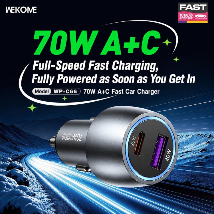 WK WP-C66 K-Captain Glowray 70W USB, Type-C Fast Car Charger, WP-C66