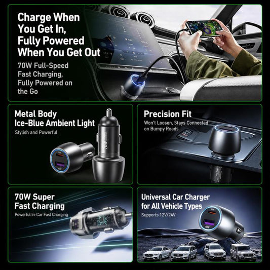 WK WP-C66 K-Captain Glowray 70W USB, Type-C Fast Car Charger, WP-C66