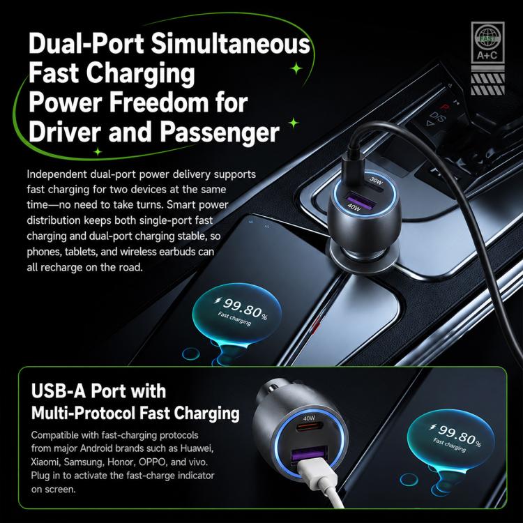 WK WP-C66 K-Captain Glowray 70W USB, Type-C Fast Car Charger, WP-C66