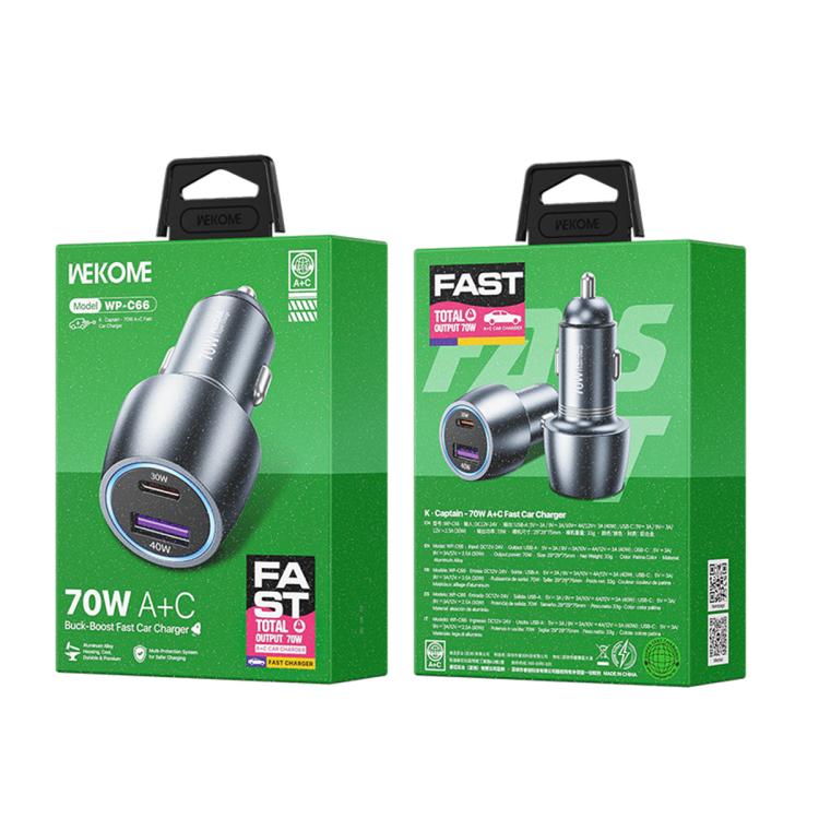 WK WP-C66 K-Captain Glowray 70W USB, Type-C Fast Car Charger, WP-C66