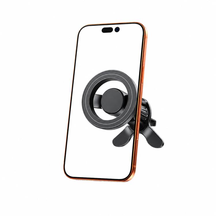 Magnetic car air vent phone mount with circular ring magnet holding a phone
