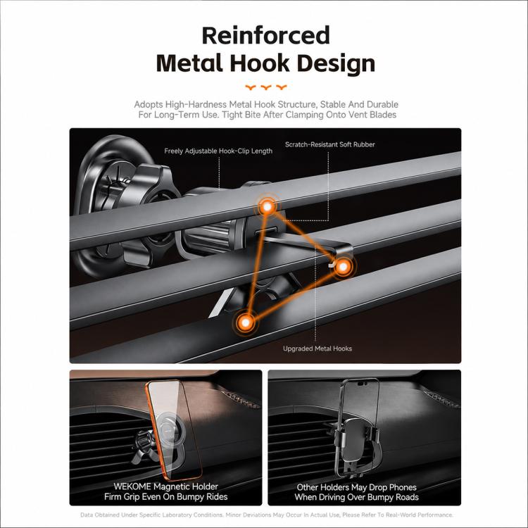 Magnetic car air vent phone mount with reinforced metal hook arms for vent mounting