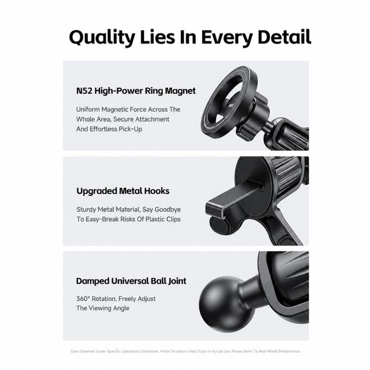 Car air vent phone mount details: ring magnet, metal hooks, and swiveling ball joint