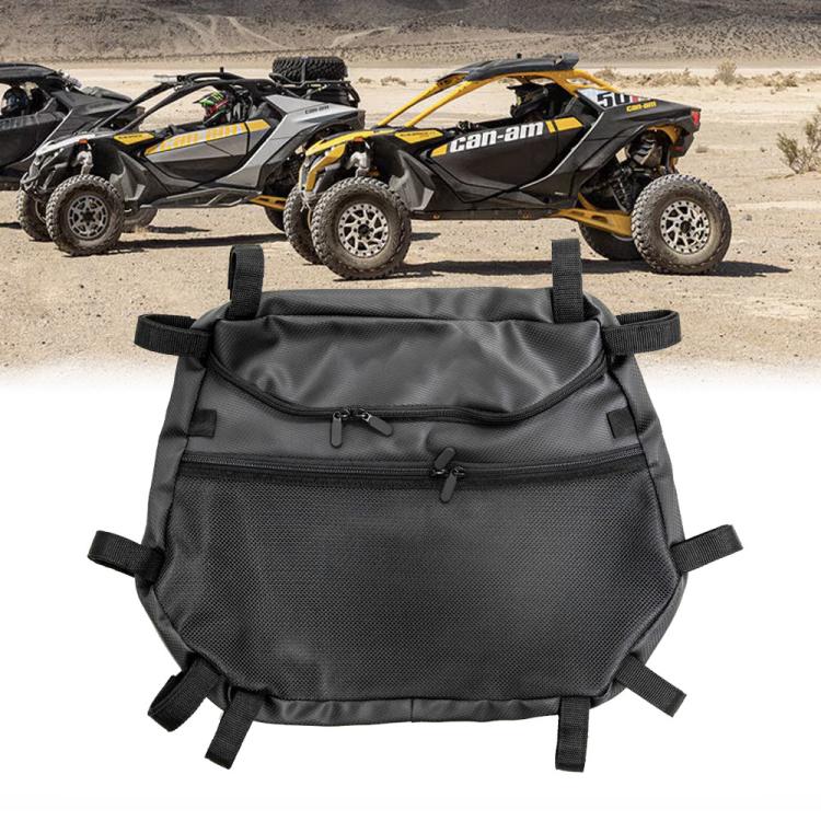 ATV roll cage nylon storage bag, black with front zip pocket and side mounting straps