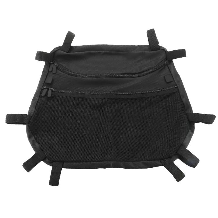 Black nylon ATV storage bag with front zipper, top handle loop, and four exterior straps