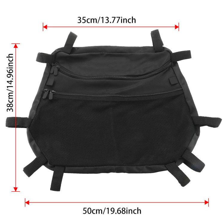 Black nylon ATV roll cage storage bag with side straps and front zip pocket; size shown