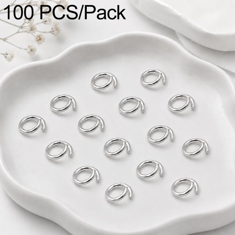 Silver-tone open jump rings, flat-cut loop style, 100-piece pack for jewelry making