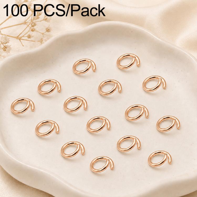 Rose-gold tone open jump rings, flat-cut loop style, 100-piece pack for crafts