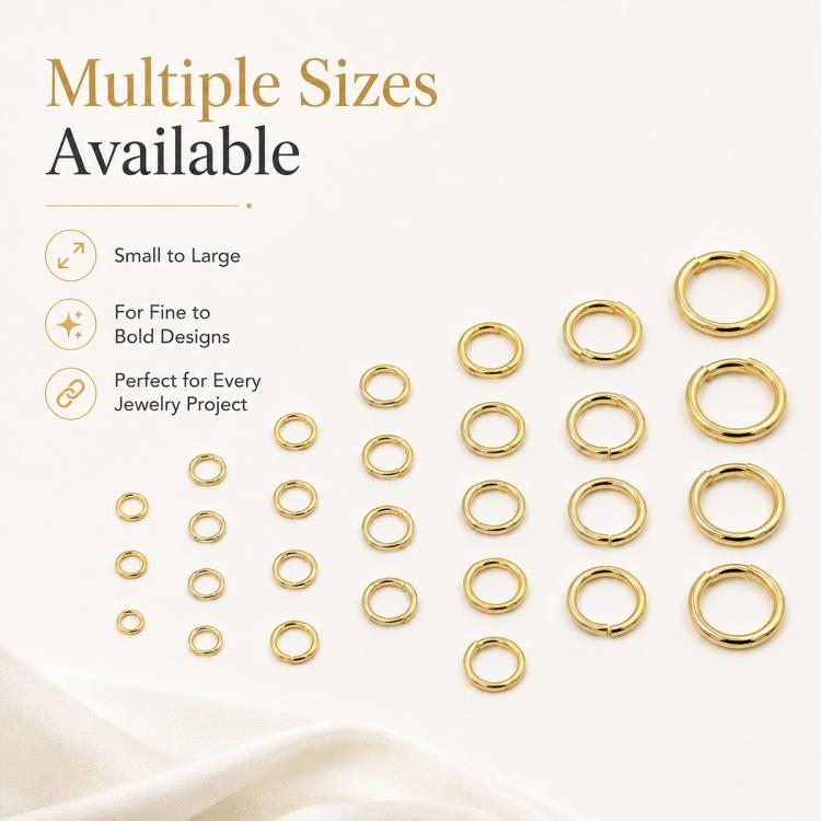 Assorted gold open jump rings in multiple sizes, small to large loops