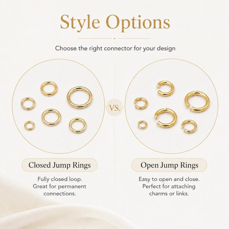 Gold open jump rings with different loop sizes, style comparison display