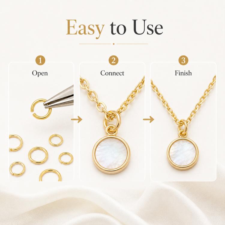 Gold open jump rings connecting jewelry chain, showing step-by-step use