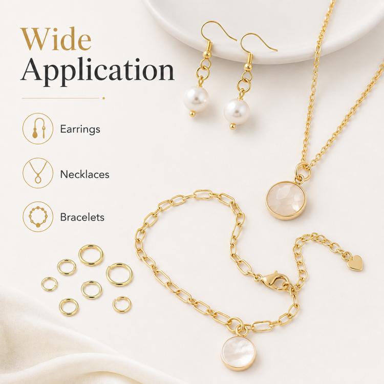 Gold jump rings used for earrings, necklaces, and bracelets with linked chains