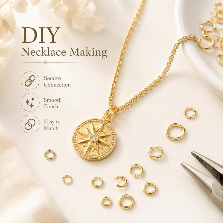 Gold open jump rings and necklace chain for DIY pendant necklace making
