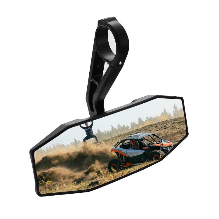 UTV center rear view mirror with black frame and mounting bracket, wide rectangular glass